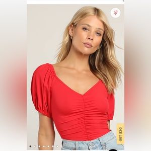 Lulu’s Ruche to You Red Ruched Puff Sleeve Bodysuit size S
